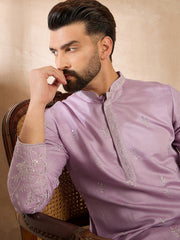 Ethnic Bay Men Lavender Silk Blend Floral Embroidered Straight Kurta-MKU1781