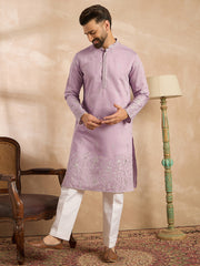 Ethnic Bay Men Lavender Silk Blend Floral Embroidered Straight Kurta-MKU1781