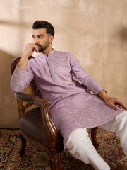 Ethnic Bay Men Lavender Silk Blend Floral Embroidered Straight Kurta-MKU1781