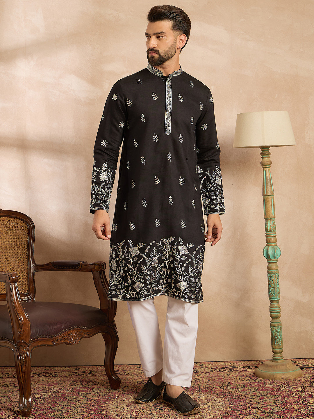 Ethnic Bay Men Black Silk Blend Solid Embroidered Straight Kurta-MKU1782