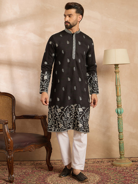 Ethnic Bay Men Black Silk Blend Solid Embroidered Straight Kurta-MKU1782 1080
