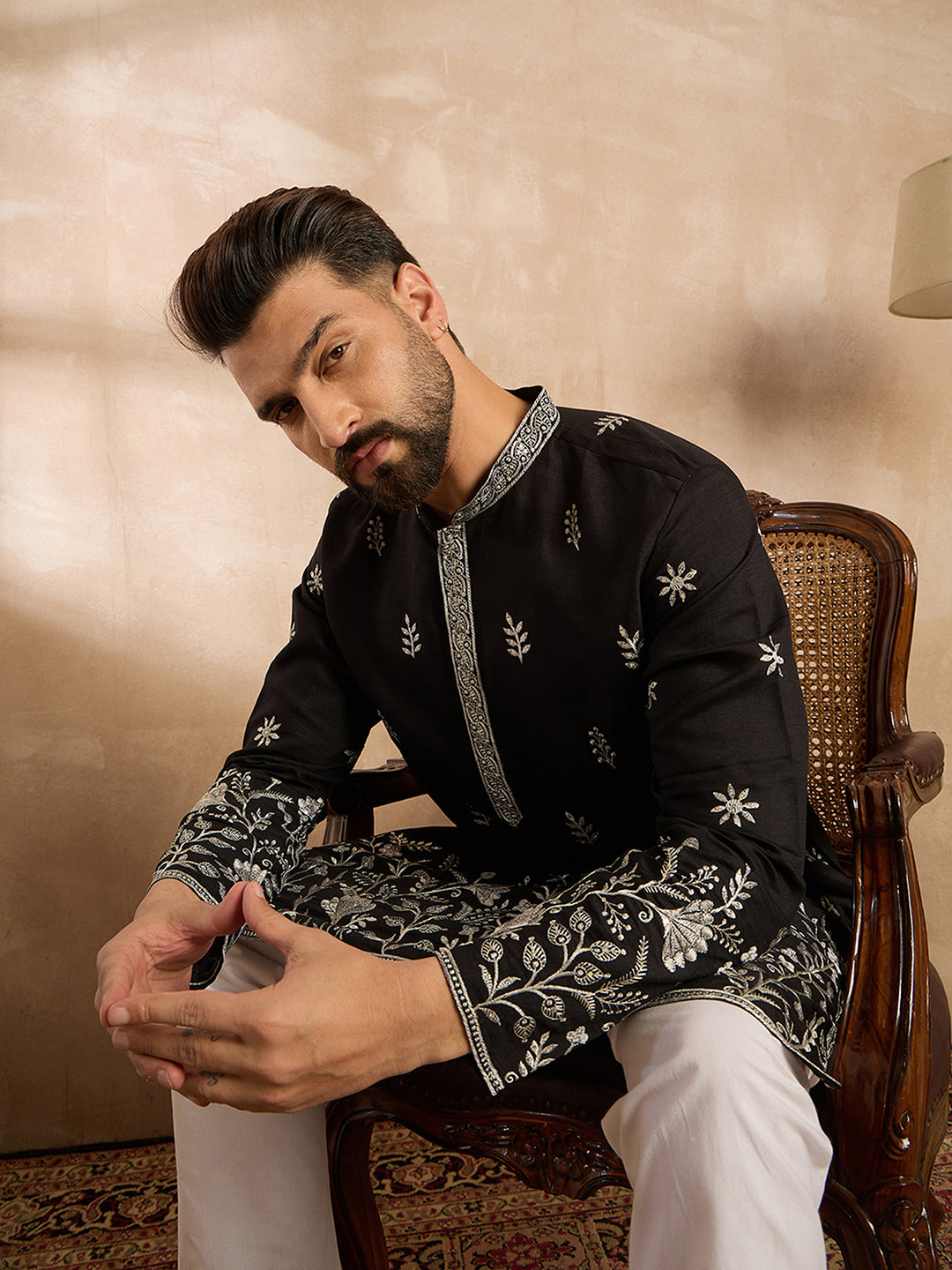 Ethnic Bay Men Black Silk Blend Solid Embroidered Straight Kurta