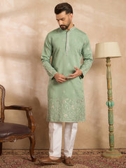 Ethnic Bay Men Green Silk Blend Solid Embroidered Straight Kurta-MKU1783