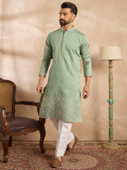 Ethnic Bay Men Green Silk Blend Solid Embroidered Straight Kurta-MKU1783