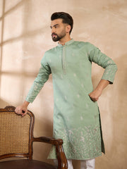 Ethnic Bay Men Green Silk Blend Solid Embroidered Straight Kurta-MKU1783