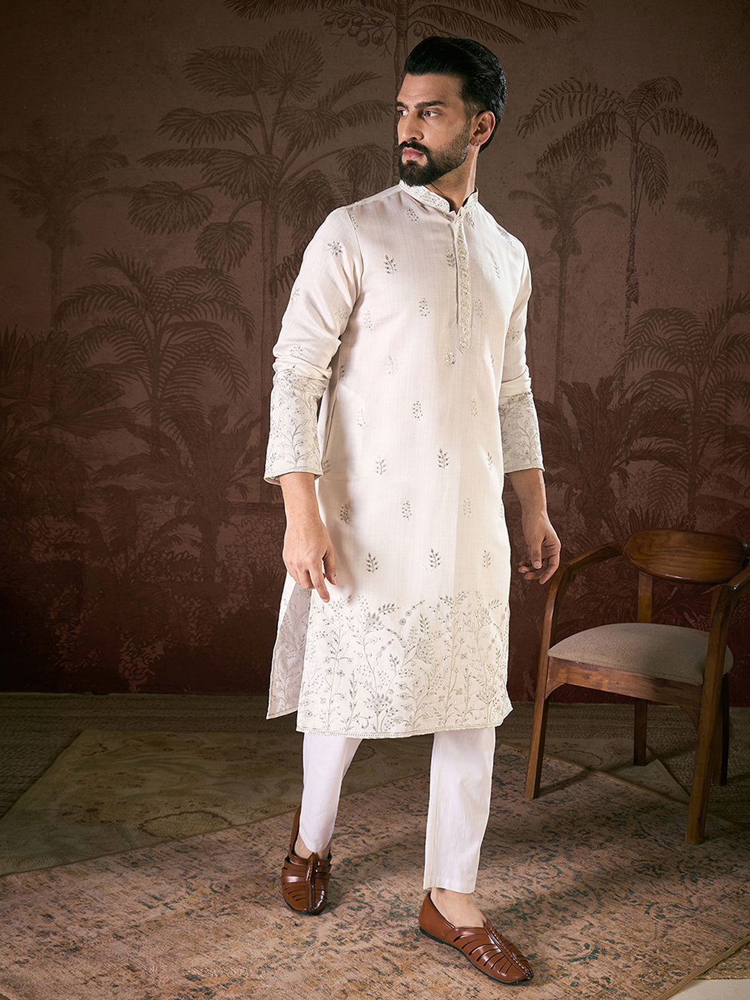 Ethnic Bay Men White Silk Blend Floral Embroidered Straight Kurta