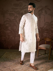 Ethnic Bay Men White Silk Blend Floral Embroidered Straight Kurta-MKU1784