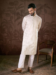 Ethnic Bay Men White Silk Blend Floral Embroidered Straight Kurta-MKU1784