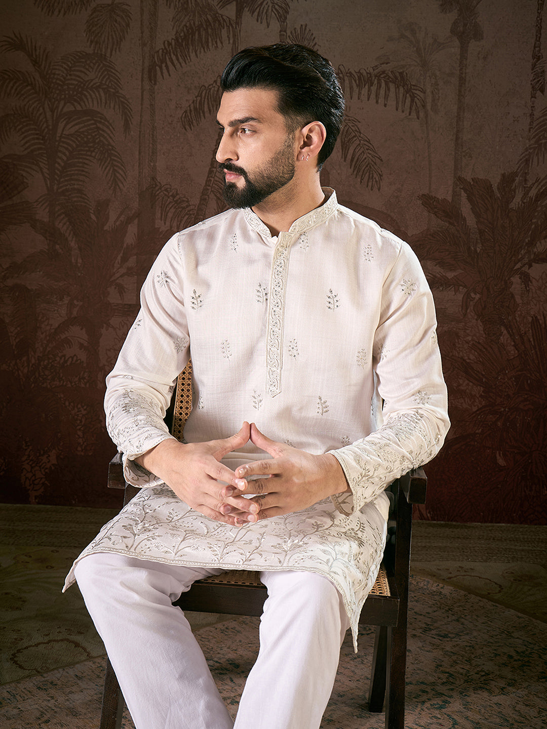 Ethnic Bay Men White Silk Blend Floral Embroidered Straight Kurta
