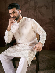 Ethnic Bay Men White Silk Blend Floral Embroidered Straight Kurta-MKU1784