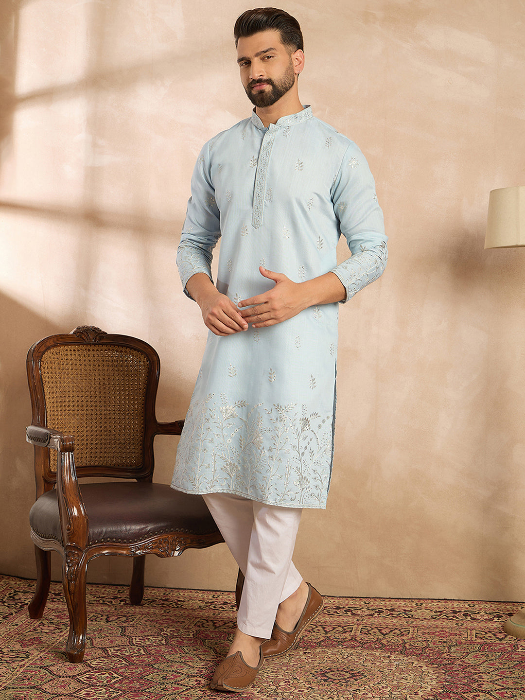 Ethnic Bay Men Blue Silk Blend Solid Embroidered Straight Kurta-MKU1785