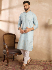 Ethnic Bay Men Blue Silk Blend Solid Embroidered Straight Kurta-MKU1785