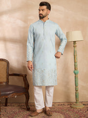 Ethnic Bay Men Blue Silk Blend Solid Embroidered Straight Kurta-MKU1785