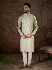Ethnic Bay Men Green Silk Blend Solid Embroidered Straight Kurta-MKU1787