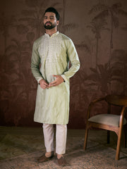 Ethnic Bay Men Green Silk Blend Solid Embroidered Straight Kurta-MKU1787