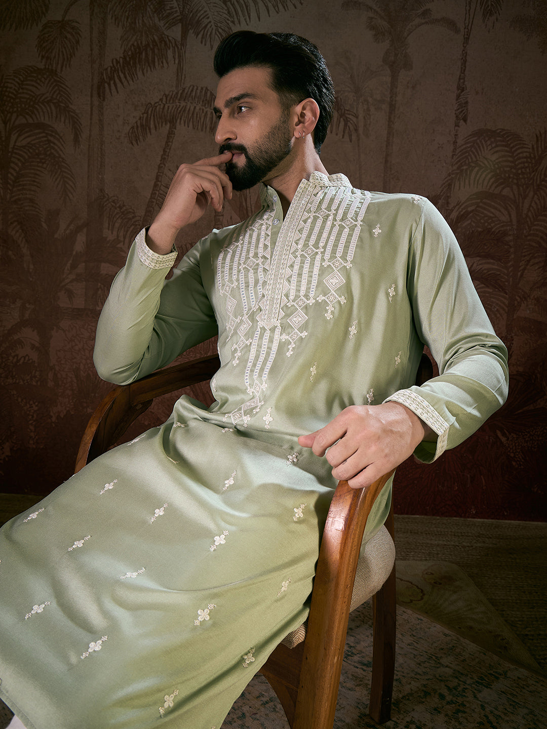 Ethnic Bay Men Green Silk Blend Solid Embroidered Straight Kurta