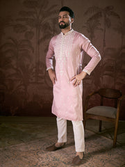 Ethnic Bay Men Pink Silk Blend Solid Embroidered Straight Kurta-MKU1788