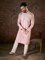 Ethnic Bay Men Pink Silk Blend Solid Embroidered Straight Kurta-MKU1788