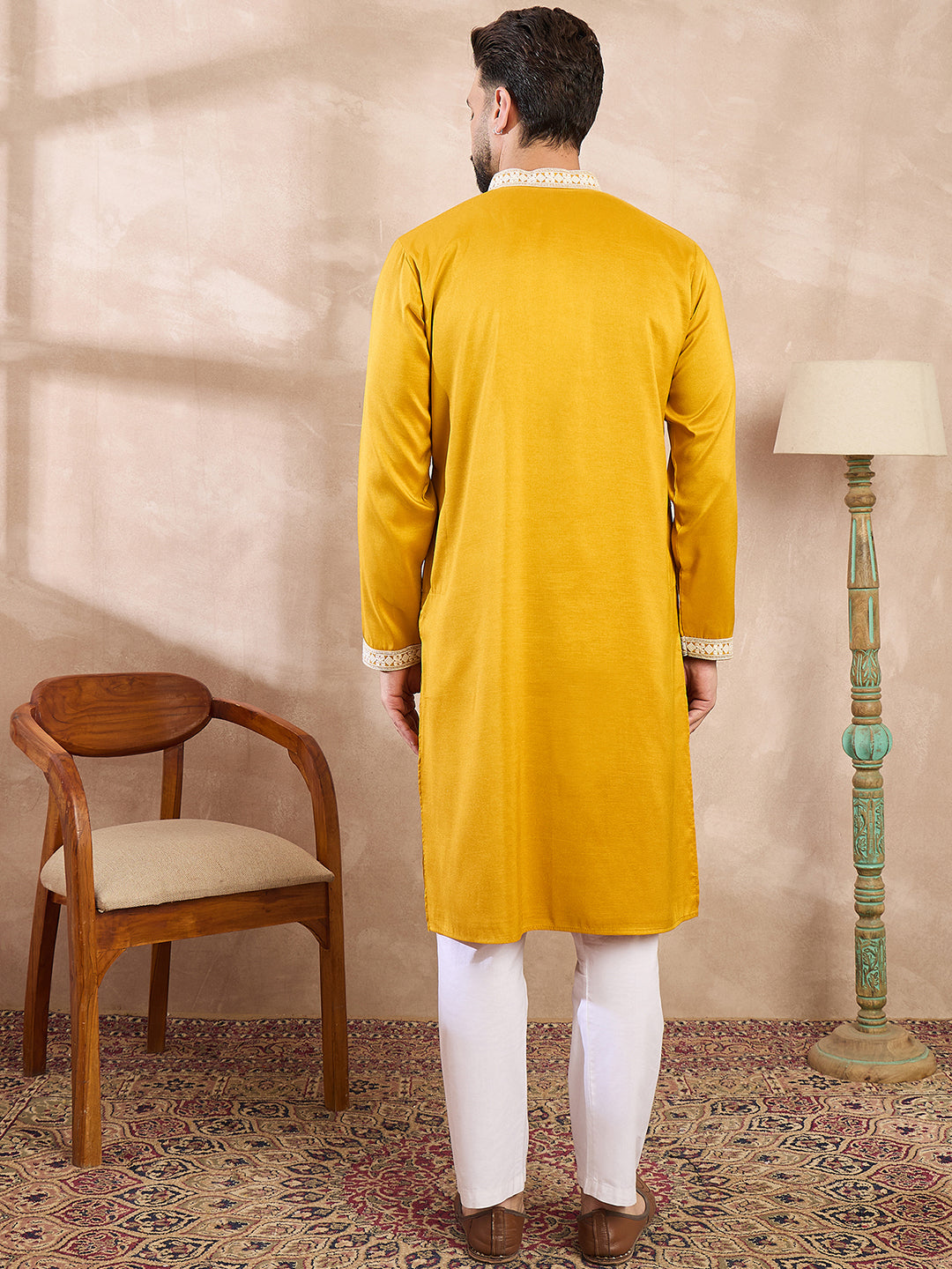 Ethnic Bay Men Yellow Silk Blend Ethnic Motifs Embroidered Straight Kurta
