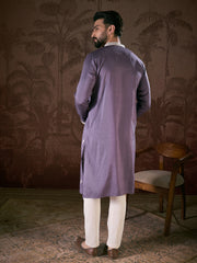Ethnic Bay Men Lavender Silk Blend Solid Embroidered Straight Kurta-MKU1792