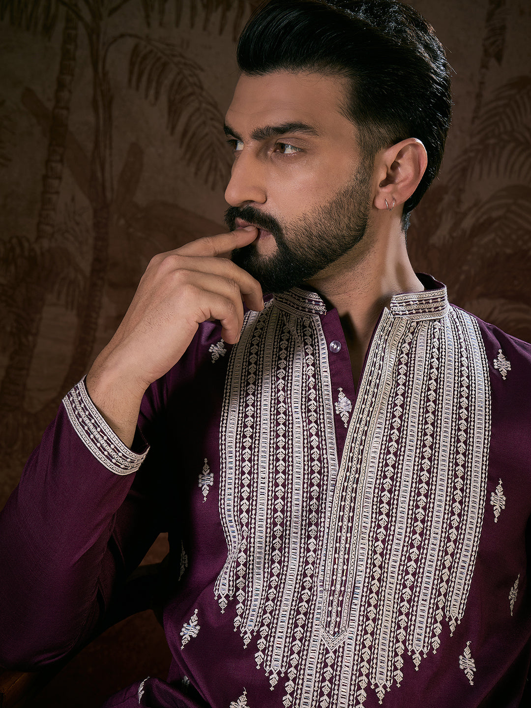 Ethnic Bay Men Purple Silk Blend Solid Embroidered Straight Kurta-MKU1793