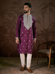 Ethnic Bay Men Purple Silk Blend Solid Embroidered Straight Kurta-MKU1793