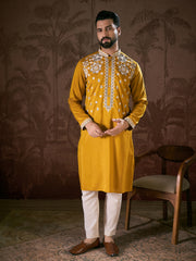 Ethnic Bay Men Mustard Silk Blend Solid Embroidered Straight Kurta-MKU1796
