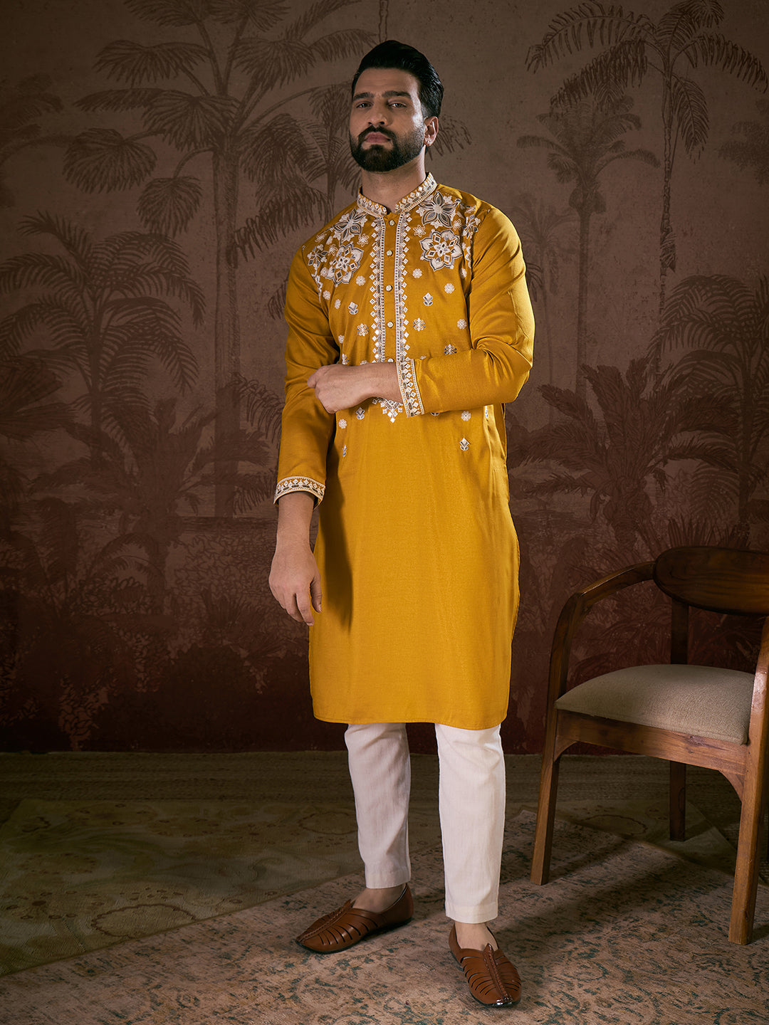 Ethnic Bay Men Mustard Silk Blend Solid Embroidered Straight Kurta