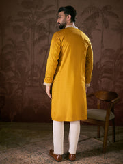 Ethnic Bay Men Mustard Silk Blend Solid Embroidered Straight Kurta-MKU1796