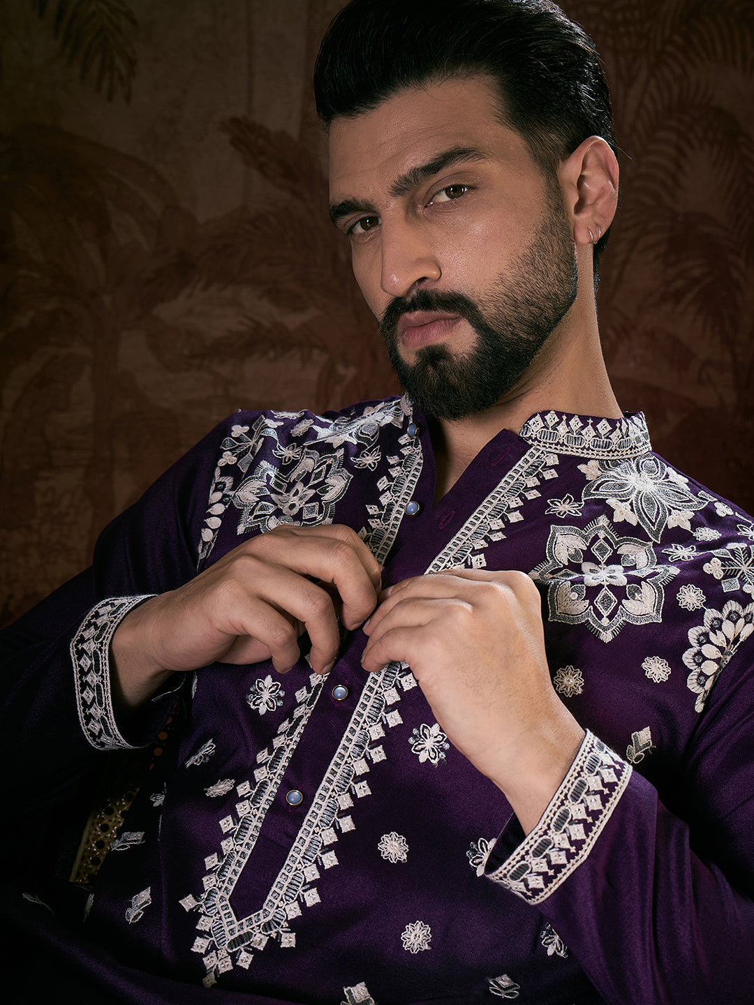 Ethnic Bay Men Purple Silk Blend Solid Embroidered Straight Kurta-MKU1797