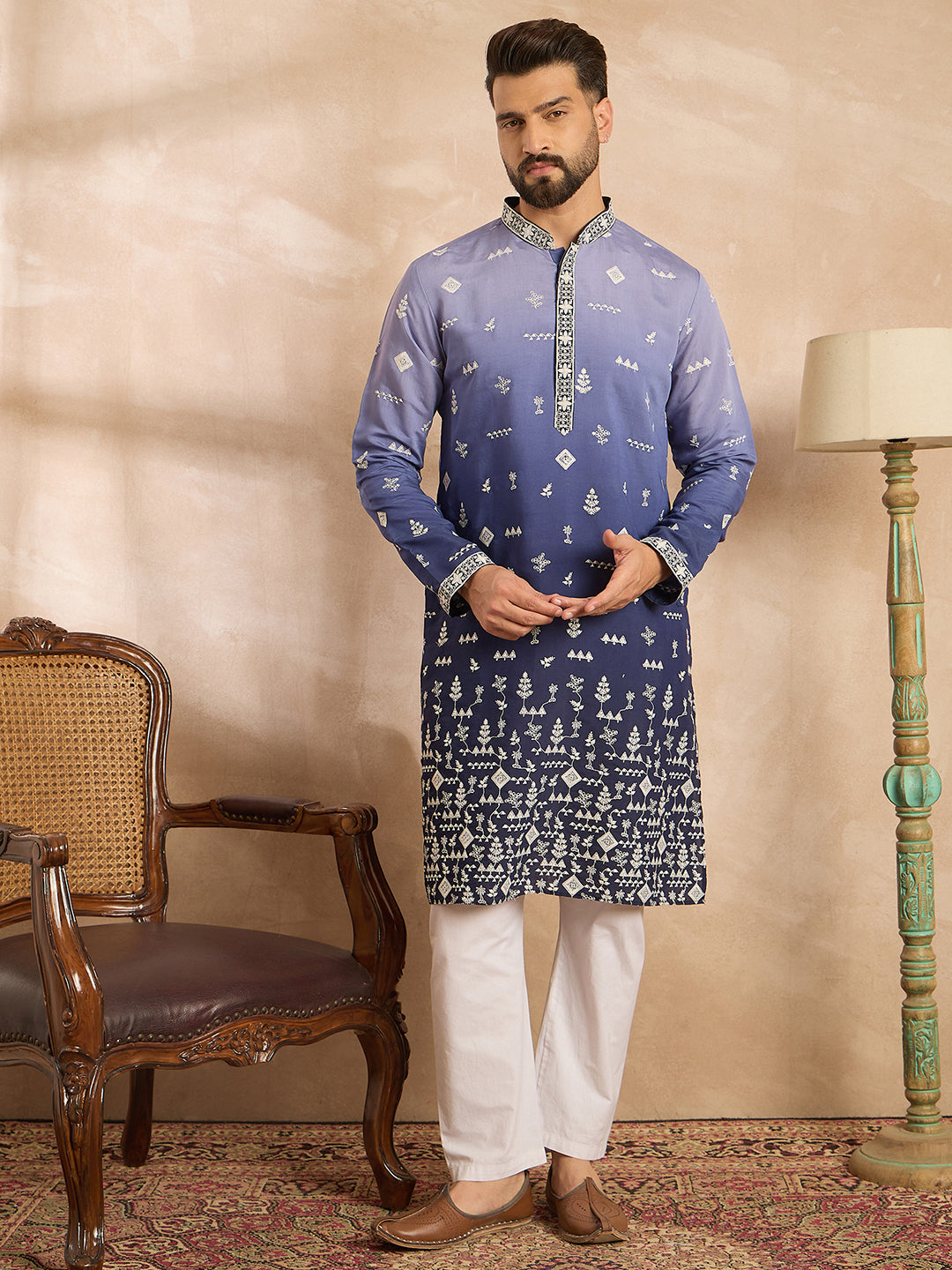 Ethnic Bay Men Violet Silk Blend Ombre Embroidered Straight Kurta