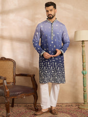 Ethnic Bay Men Violet Silk Blend Ombre Embroidered Straight Kurta-MKU1798