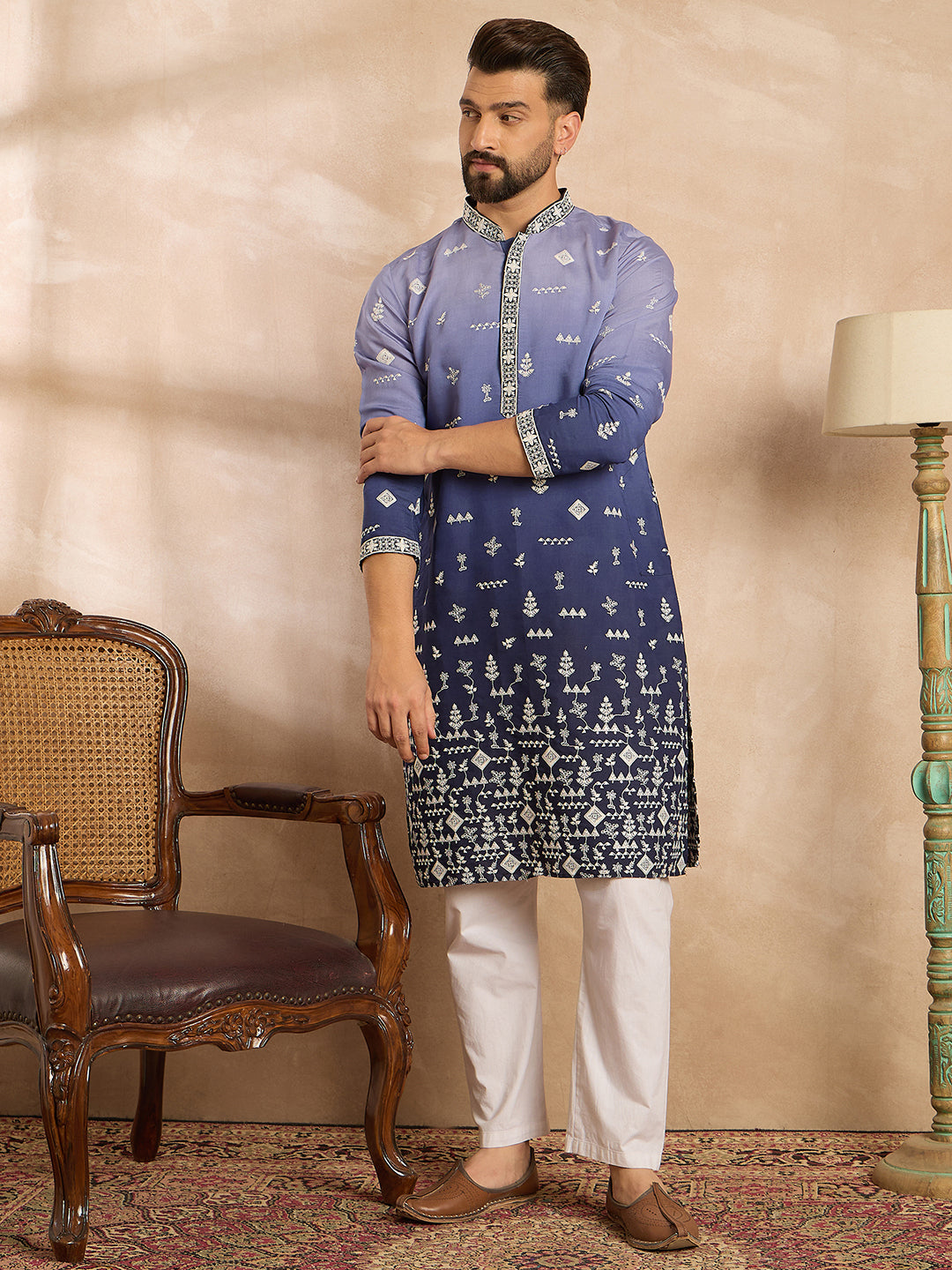 Ethnic Bay Men Violet Silk Blend Ombre Embroidered Straight Kurta