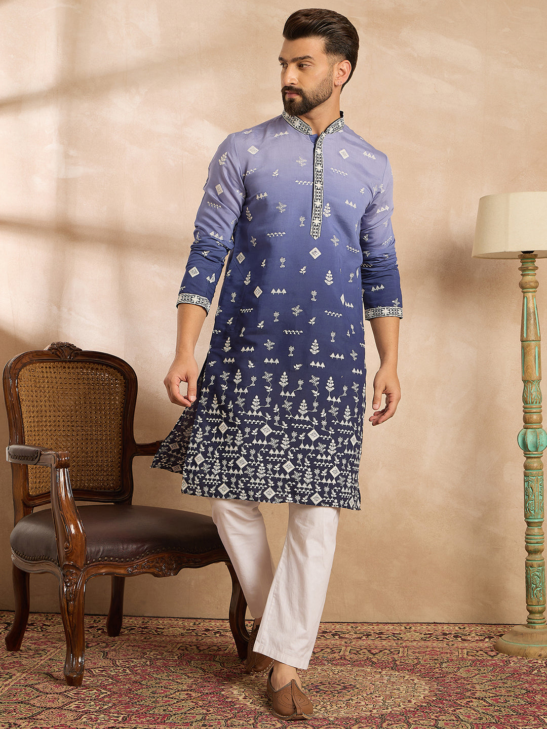 Ethnic Bay Men Violet Silk Blend Ombre Embroidered Straight Kurta