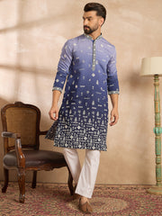 Ethnic Bay Men Violet Silk Blend Ombre Embroidered Straight Kurta-MKU1798