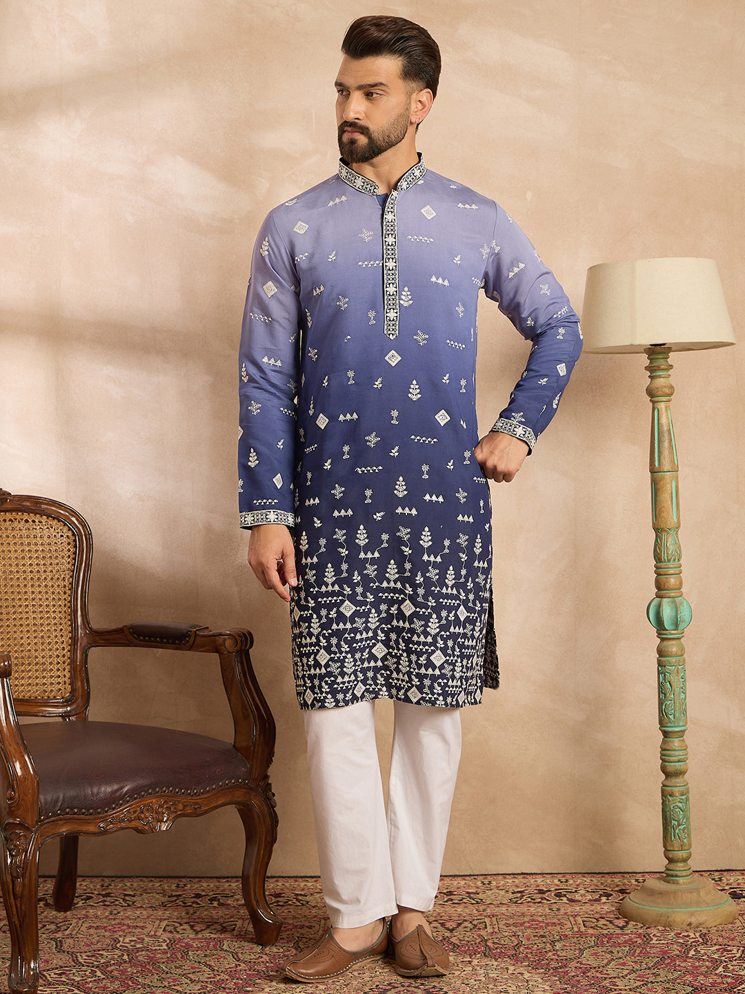 Ethnic Bay Men Violet Silk Blend Ombre Embroidered Straight Kurta