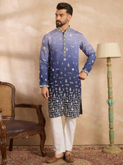 Ethnic Bay Men Violet Silk Blend Ombre Embroidered Straight Kurta-MKU1798