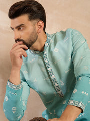 Ethnic Bay Men Teal Silk Blend Ombre Embroidered Straight Kurta-MKU1799
