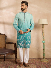 Ethnic Bay Men Teal Silk Blend Ombre Embroidered Straight Kurta-MKU1799