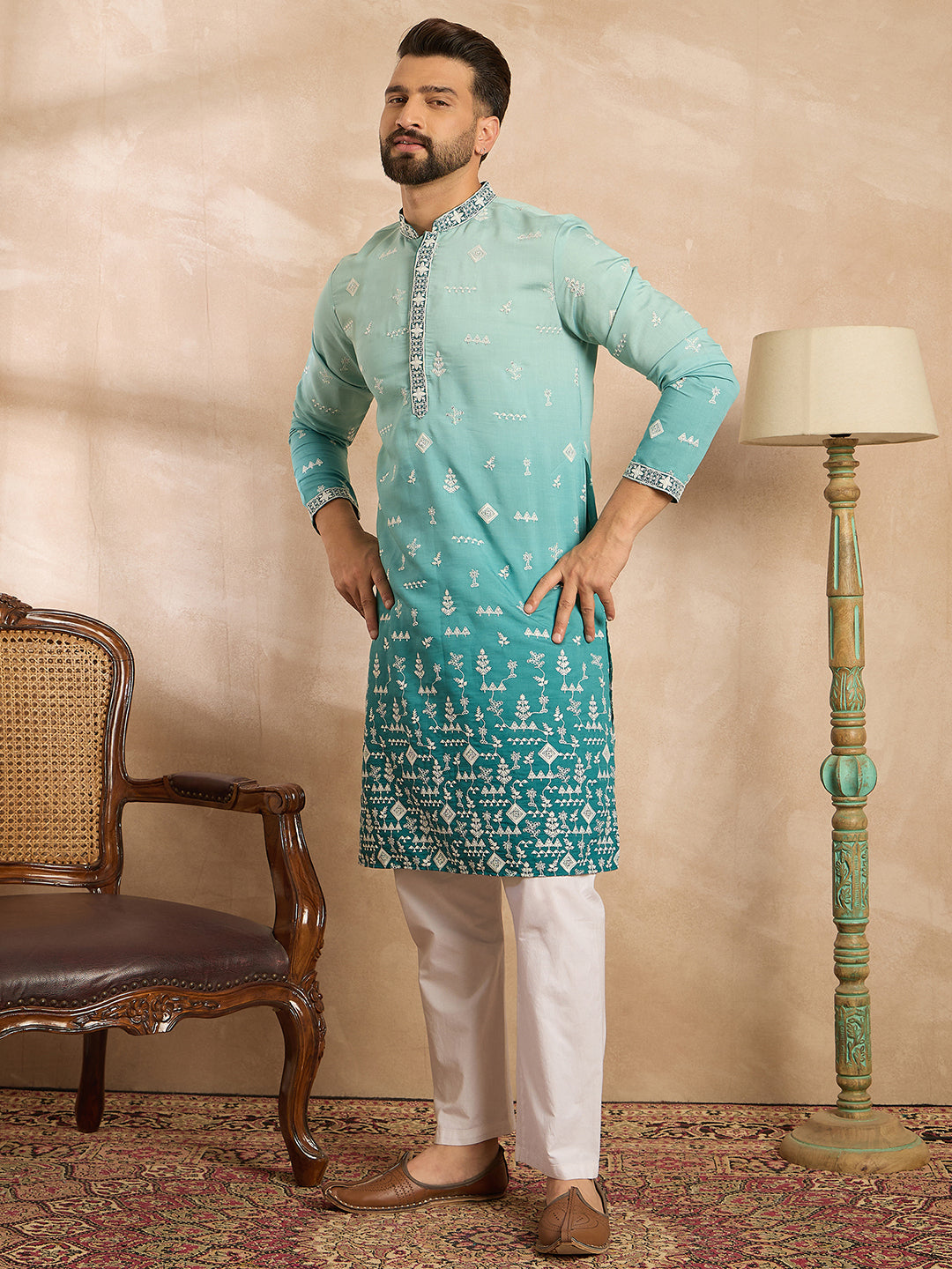 Ethnic Bay Men Teal Silk Blend Ombre Embroidered Straight Kurta
