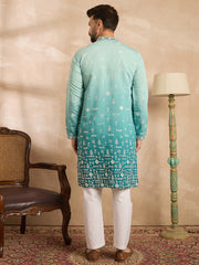 Ethnic Bay Men Teal Silk Blend Ombre Embroidered Straight Kurta-MKU1799