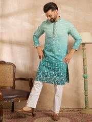 Ethnic Bay Men Teal Silk Blend Ombre Embroidered Straight Kurta-MKU1799
