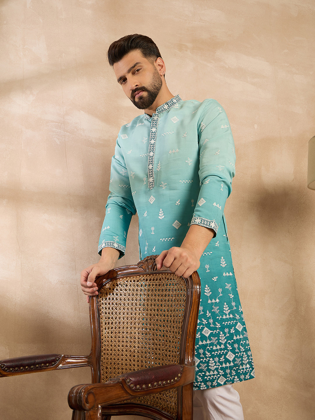 Ethnic Bay Men Teal Silk Blend Ombre Embroidered Straight Kurta