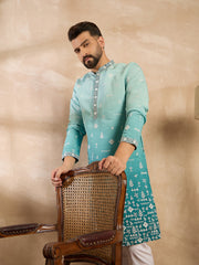 Ethnic Bay Men Teal Silk Blend Ombre Embroidered Straight Kurta-MKU1799
