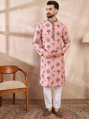 Ethnic Bay Men Peach Silk Blend Solid Embroidered Straight Kurta-MKU1804