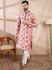 Ethnic Bay Men Peach Silk Blend Solid Embroidered Straight Kurta-MKU1804