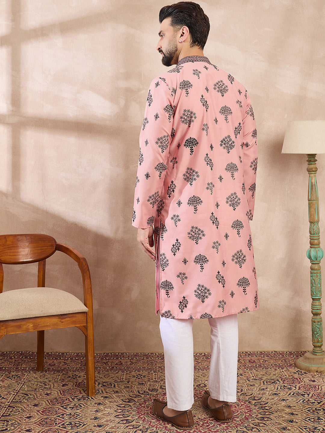 Ethnic Bay Men Peach Silk Blend Solid Embroidered Straight Kurta