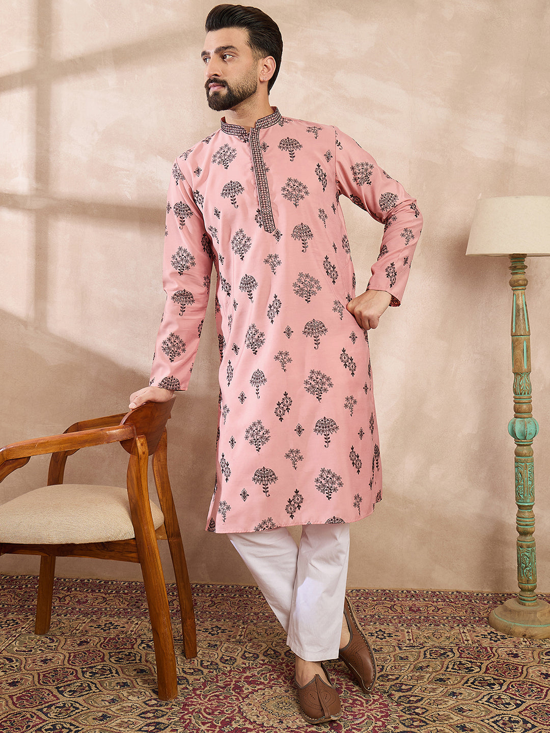 Ethnic Bay Men Peach Silk Blend Solid Embroidered Straight Kurta