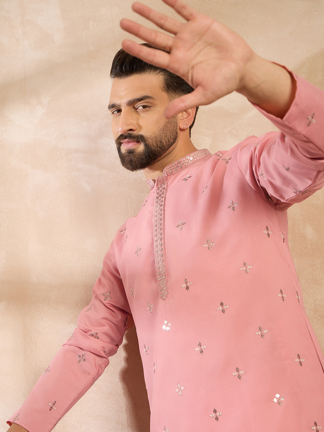 Ethnic Bay Men Peach Silk Blend Solid Embroidered Straight Kurta-MKU1807