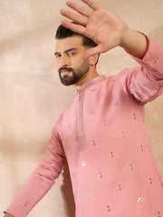 Ethnic Bay Men Peach Silk Blend Solid Embroidered Straight Kurta-MKU1807